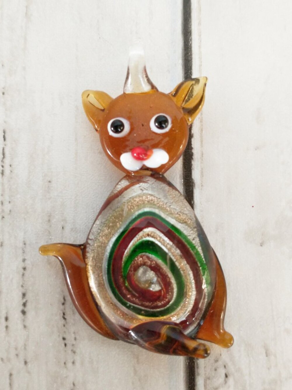 Murano Foil Glass Cat Pendant Tan Glass Art 2” Kitty Ornament Charm Sun Catcher